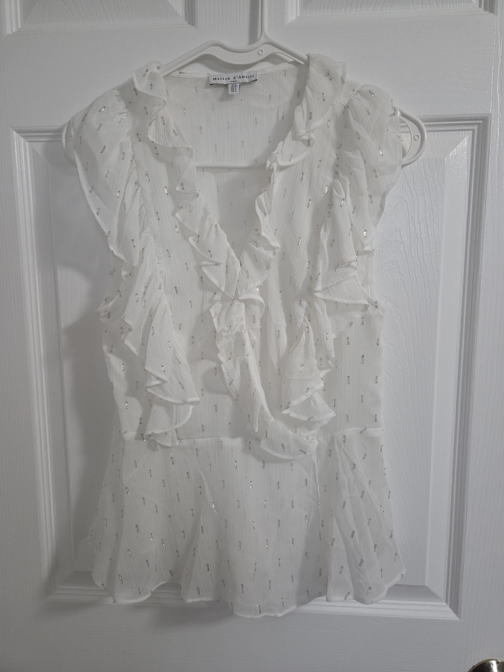 Maison Jules White Ruffle V-Neck Sleeveless Blouse with Metallic Dots